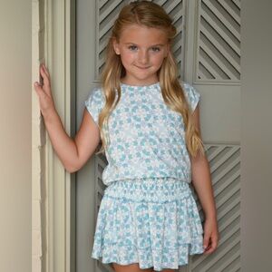 Pleat Girls 2-Piece Skirt Set Size 14 Blue Geometric Smocked